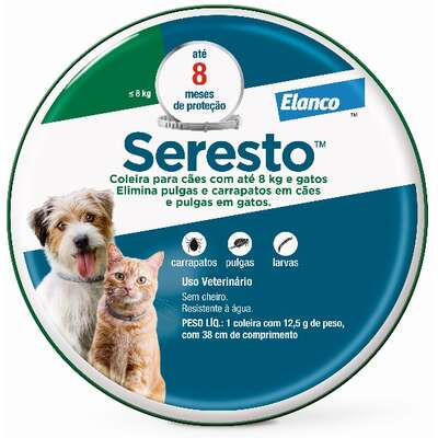 Coleira Antipulgas e Carrapatos Elanco Seresto para Cães e Gatos até 8 Kg