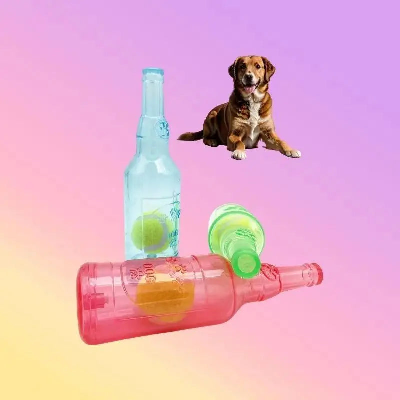 Brinquedo Interativo para Cães – Garrafa de Cerveja com Bola de Tênis e Som